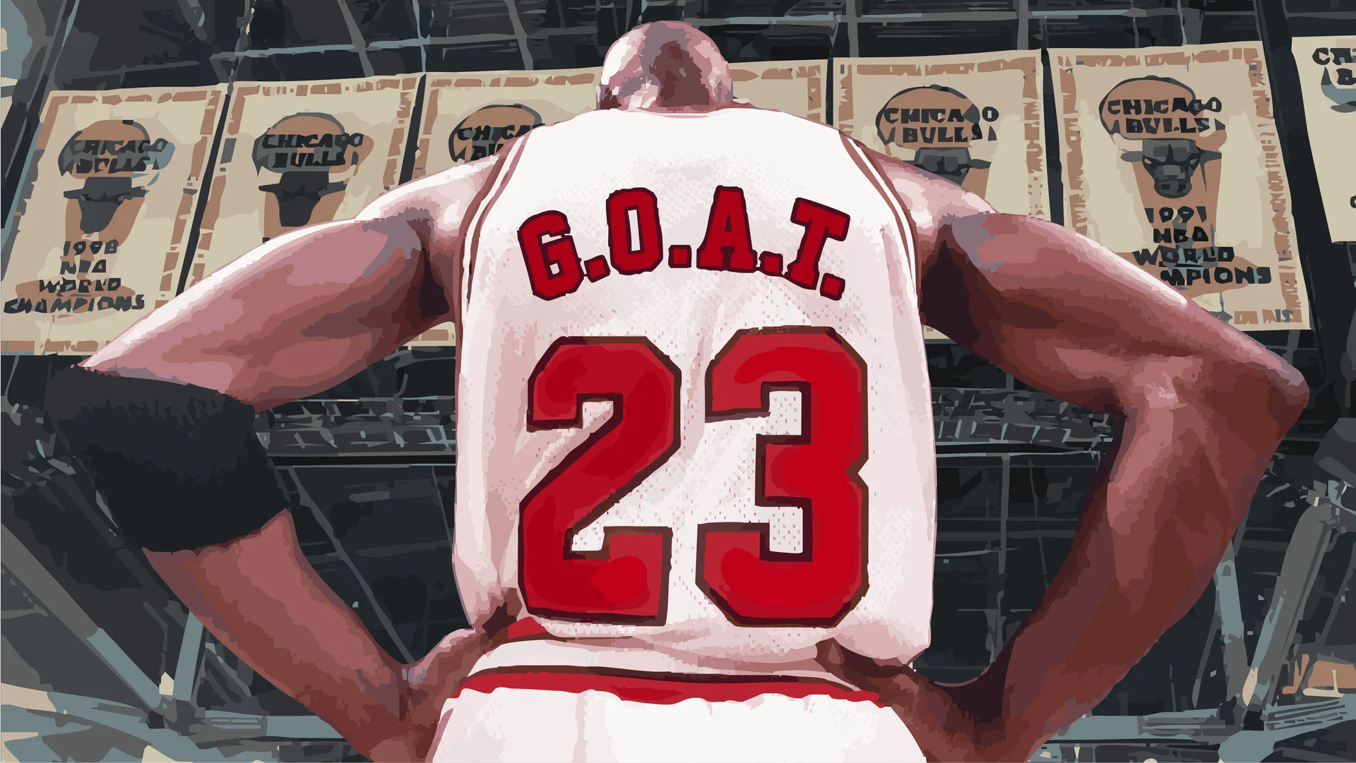 G.O.A.T. 23 rug illustration under championship banners